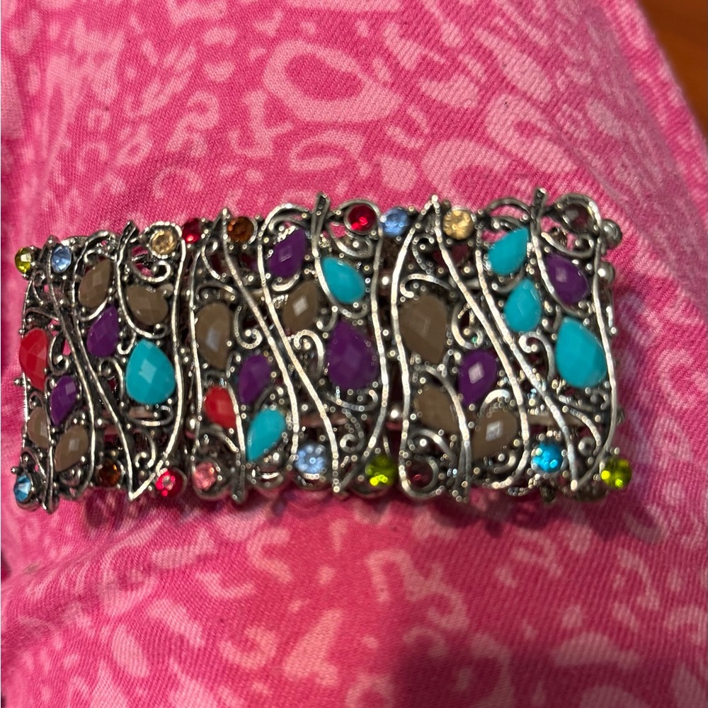 Stunning.Different colored Gemstones Silver wide Cuff with Colorful Gemstones.